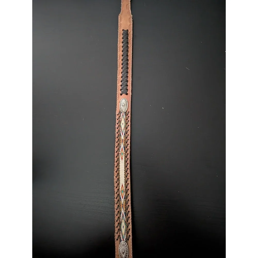 Vintage Womens Hand Tooled Leather Belt Western Woven Design 38